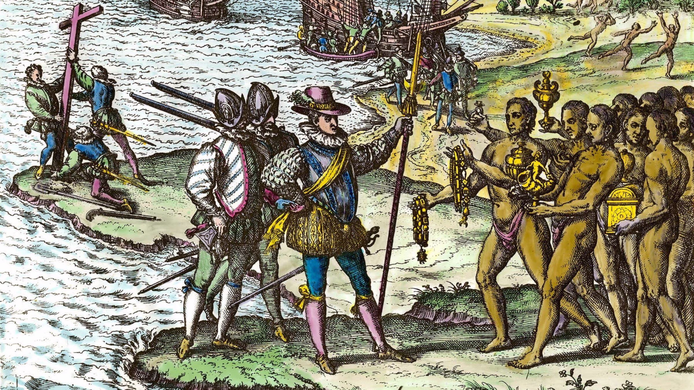 Theodore de Bry engraving-ceremonial first-contact scene, emblematic of the Spanish Conquest of Colombia