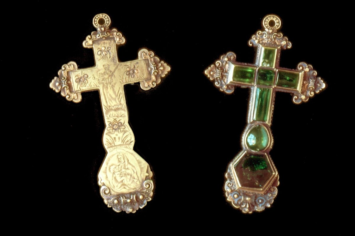 A gold cross set with Colombian emeralds found on the wreck of the Nuestra Señora de Atocha