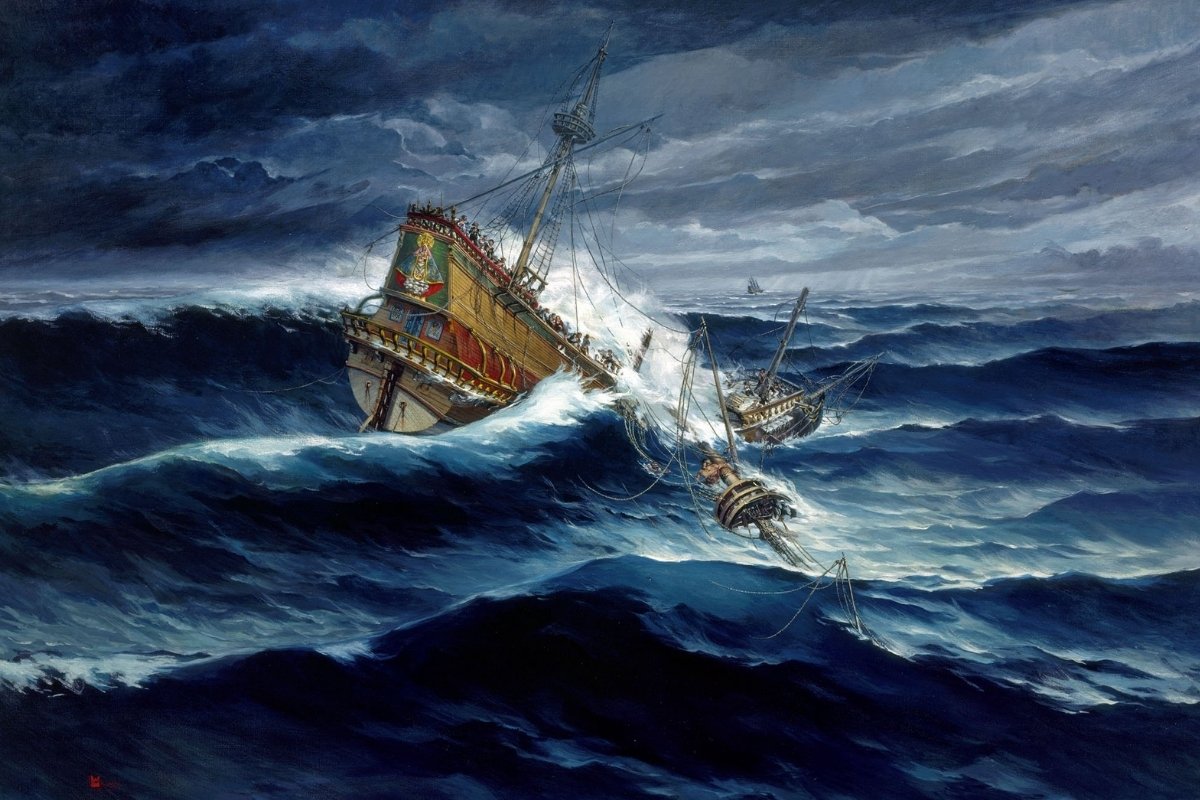 The sinking of the Spanish galleon Nuestra Señora de Atocha during a hurricane in 1622.